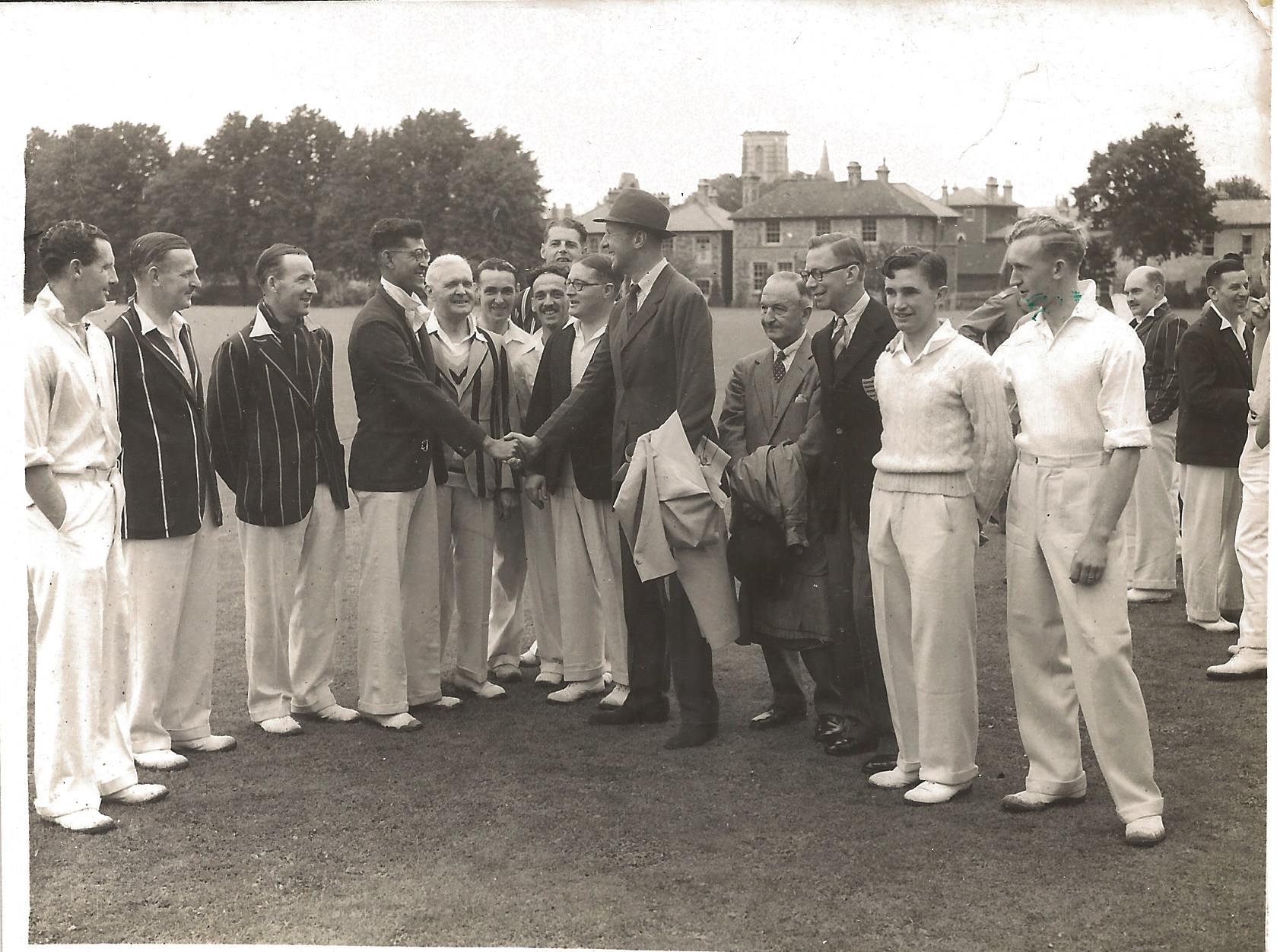 Leonard Harbin being introduced to the Duke of Beaufort at Clifton College during a game between BAC and the wartime West of England XI in 1944