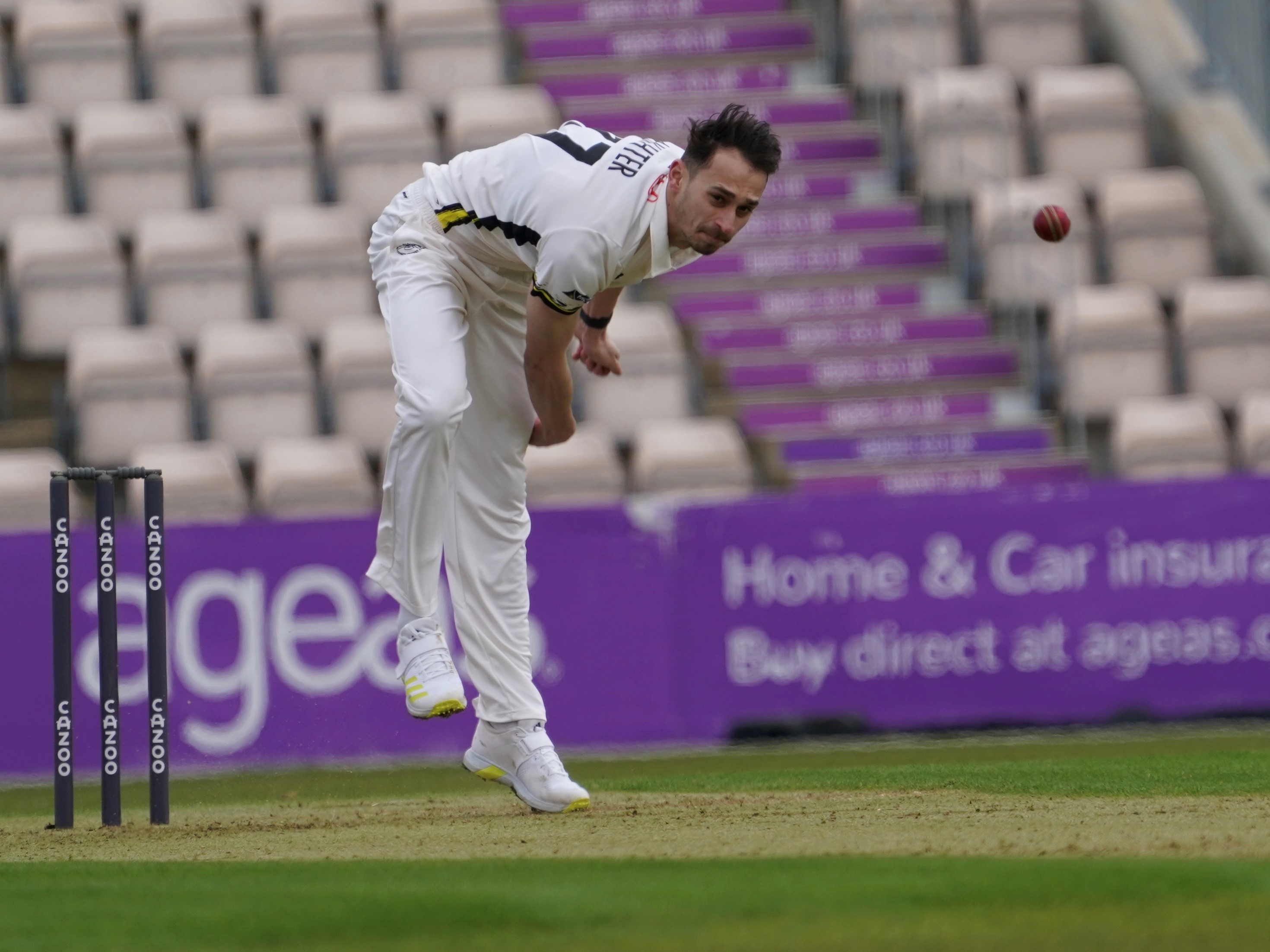 New Gloucestershire signing Zaman Akhter bowls at the Ageas Bowl versus Hampshire